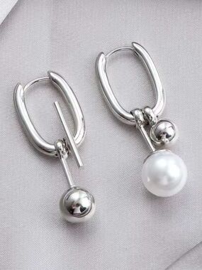 Silver Hoop Earrings with White Pearl Drop